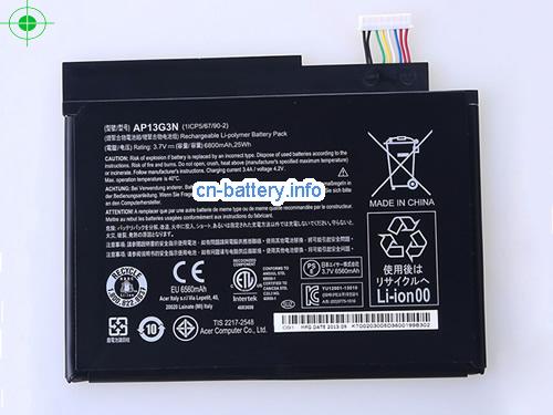 3.7V ACER AP13G3N 电池 6800mAh, 25Wh 